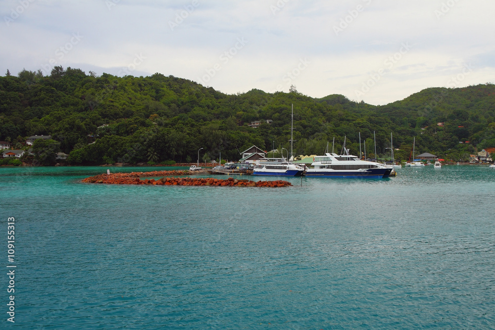 Port on tropical island. Praslin, Seychelles