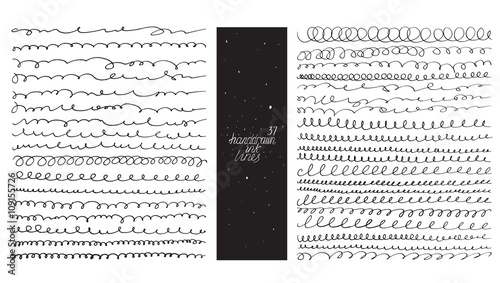 Set of 37 curvy lines, made with hand and liquid ink, freehand, ornated, with loops, flourishes, nib blobs. Vector black and white illustration, good for creative designs, drawn with imperfections.