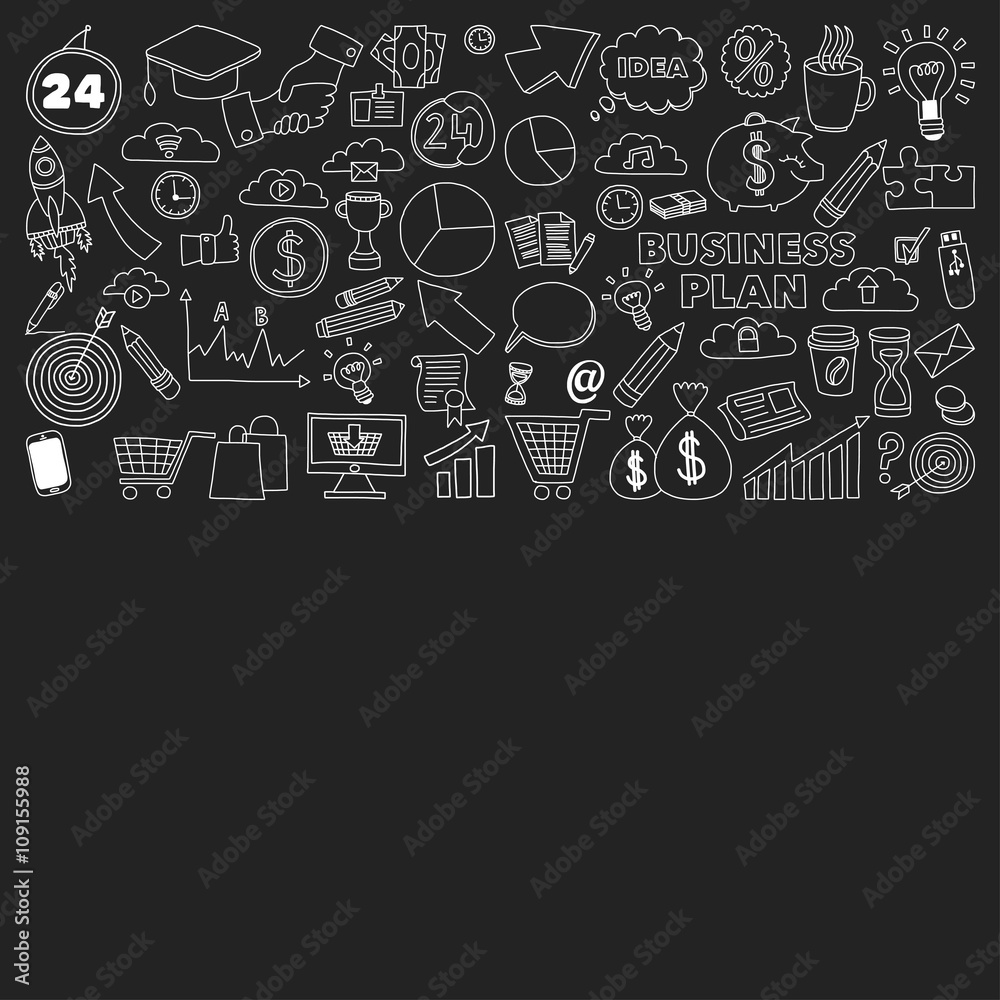 Vector set of doodle business icons on blackboard