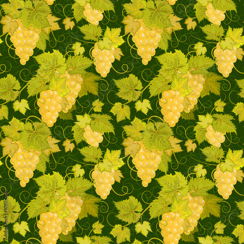 Seamless pattern with branches, leaves and berries of grapes on a black background. Vector.