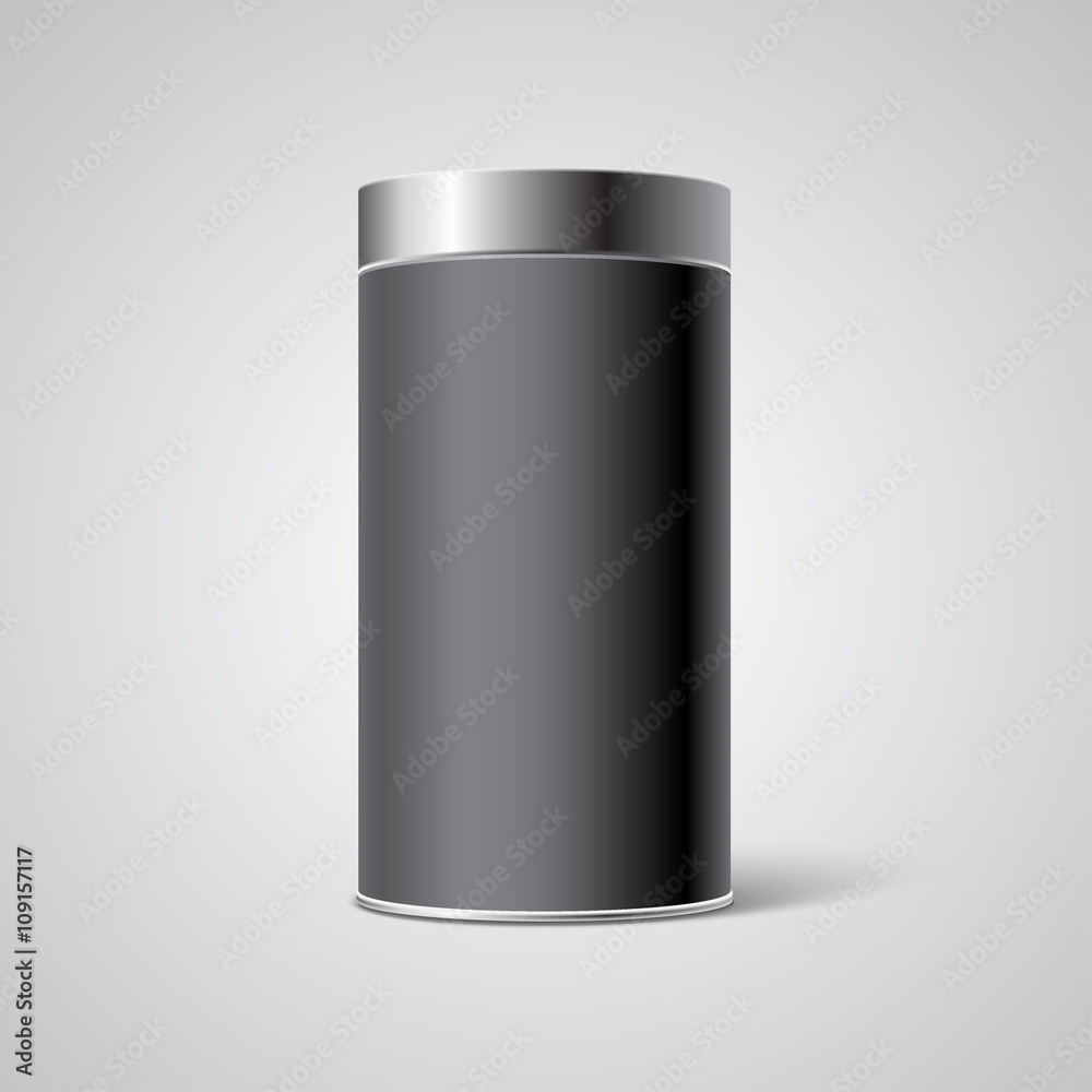 Mockup of Black Blank Tin can packaging. Tea, coffee, dry products, gift box.