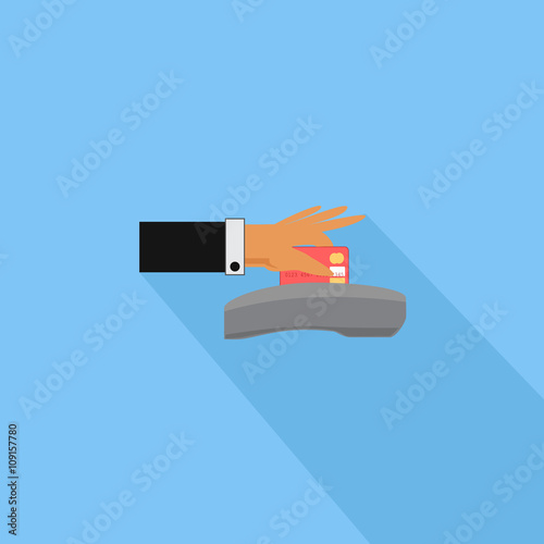 Hand Swiping A Credit Card - Isolated On Blue Background - Vector Illustration,Graphic Design. Business Concept
