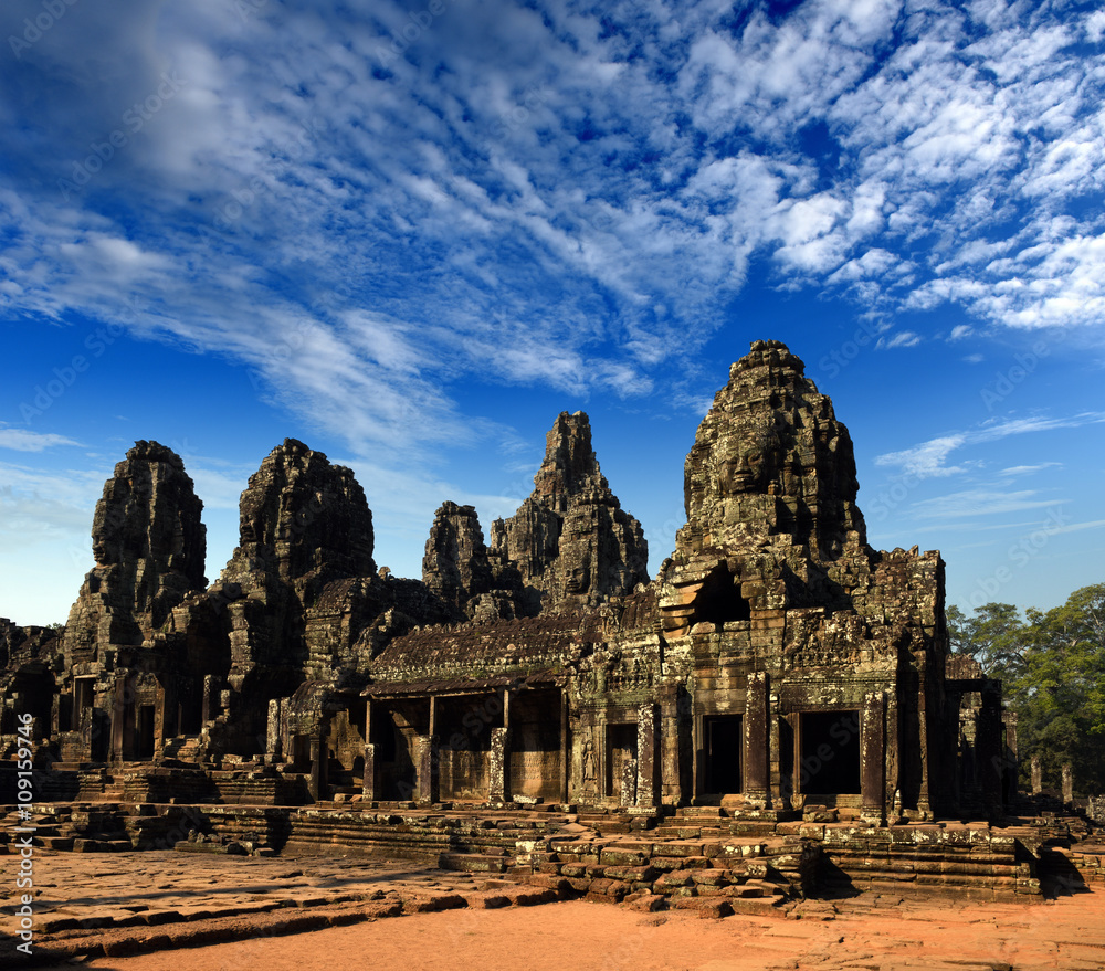 faces, heads of ancient Bayon Temple At Angkor Wat, Siem Reap, Cambodia 