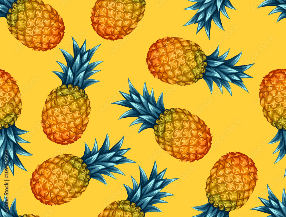 Naklejka Wzór z ananasem. Tropikalny abstrakcyjne tło w stylu retro. Łatwy w użyciu na tło, tekstylia, papier do pakowania, plakaty ścienne
