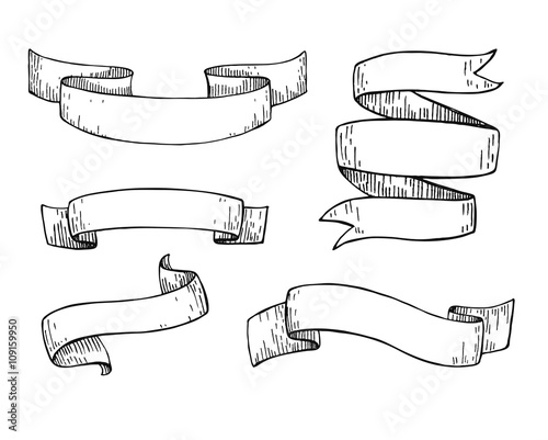 Set of  hand drawn vector scrolled ribbons. Old styled engraved