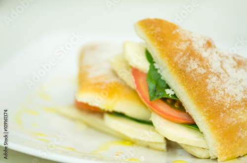 Delicious cheese, albahaca basil and tomato ciabatta sandwich on white plate