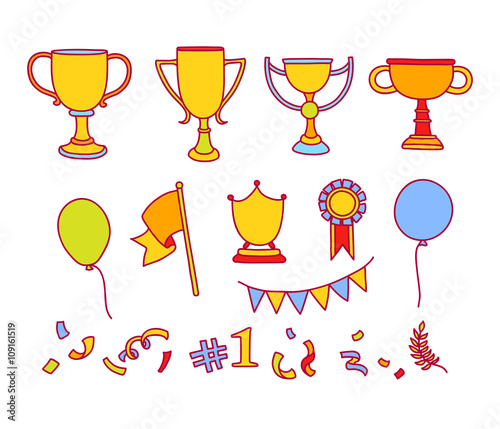 Vector doodle winner sketch. Hand drawn colorful objects of succ