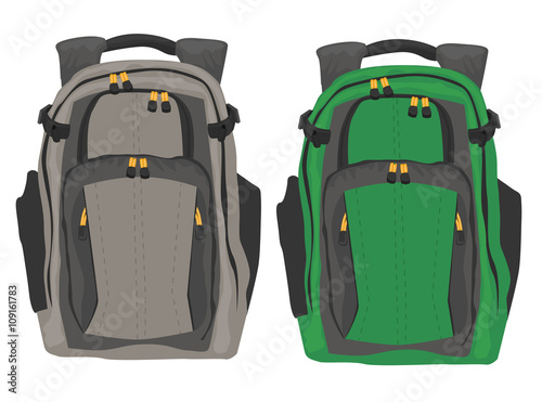 Two modern backpacks standing on white background 