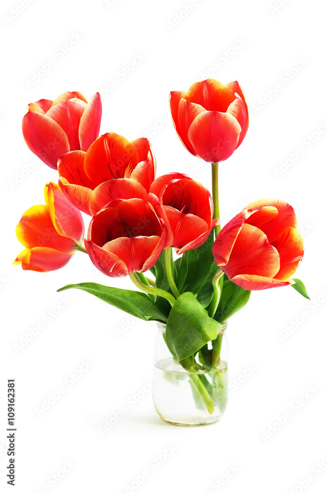 Obraz premium Bouquet red tulips in a glass jar