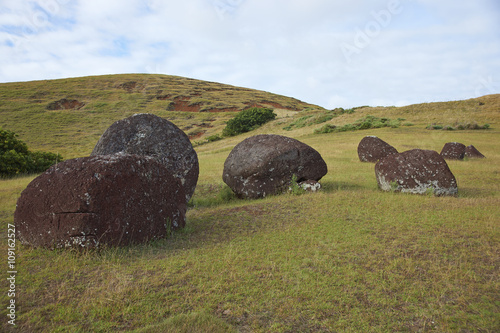 Vaka Kipo. Small volcanic cone of red rock used as the source of hats for some of ancient Moai statues on Easter Island. photo