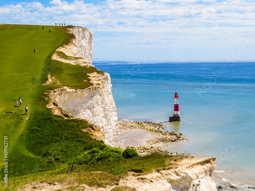 White chalk cliffs and Beachy Head Lighthouse, Eastbourne, East Sussex, England
