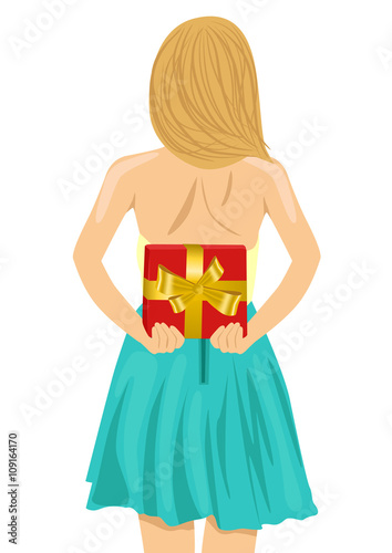 young woman hiding gift behind her back