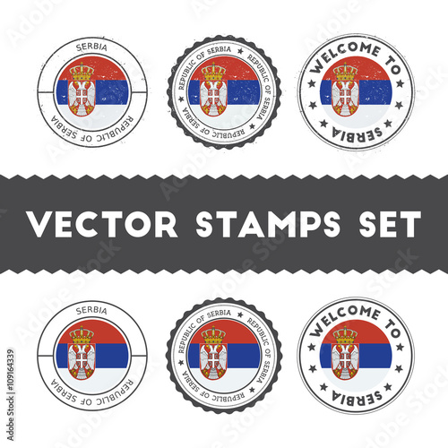 Serbian flag rubber stamps set. National flags grunge stamps. Country round badges collection.