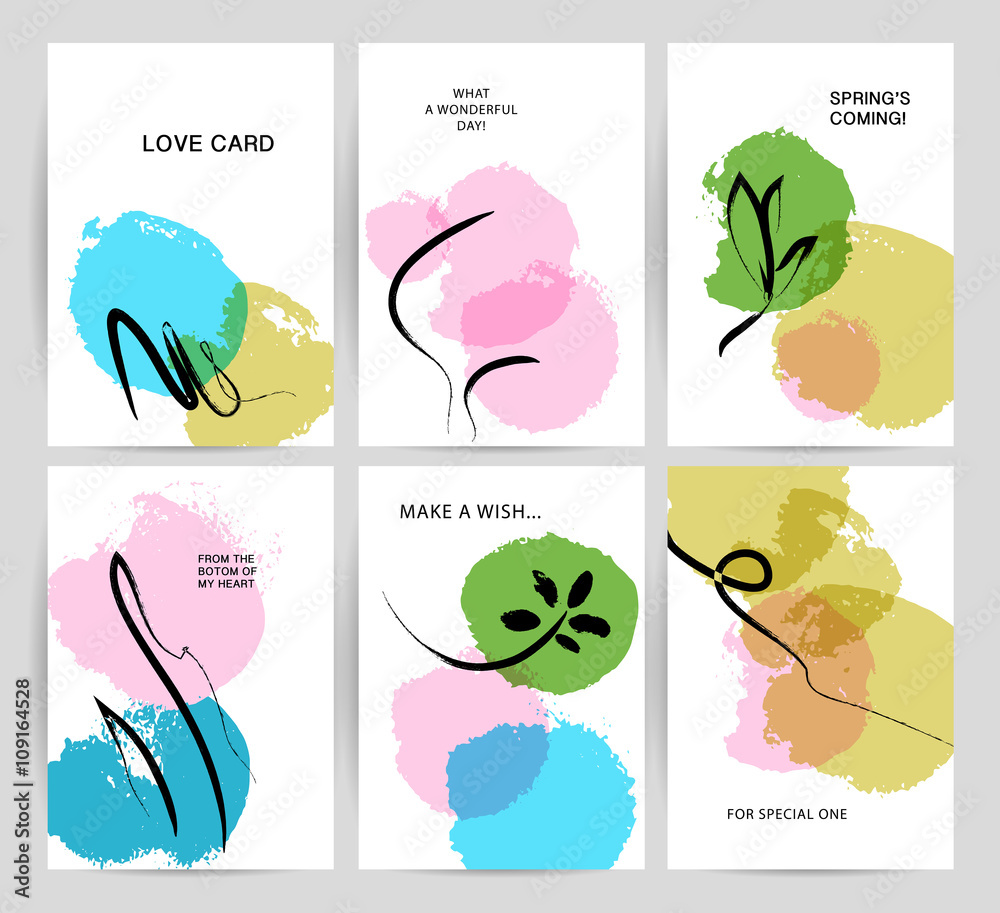 Collection of hand drawn congratulation, business cards. Floral elements, line, paint spots, Lettering