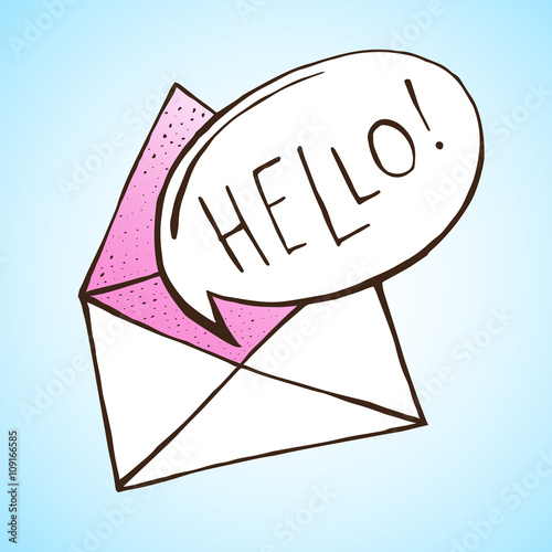 Opened letter with speech bubble. Hand drawn vector illustration. Concept of sms, spam, writing, postcard, salutation, chatting, mailbox, textual talking, checking email. 