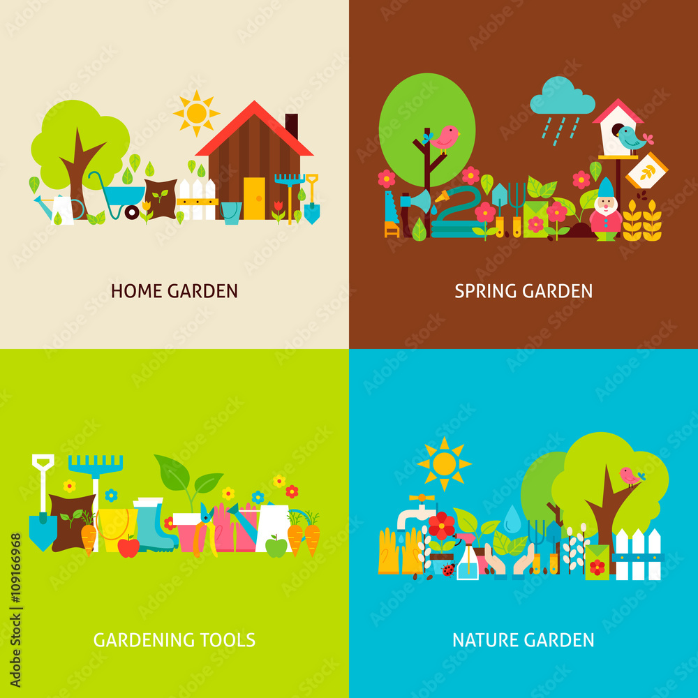 Spring Garden Vector Flat Concepts Set Spring Garden Vector Flat Concepts Set