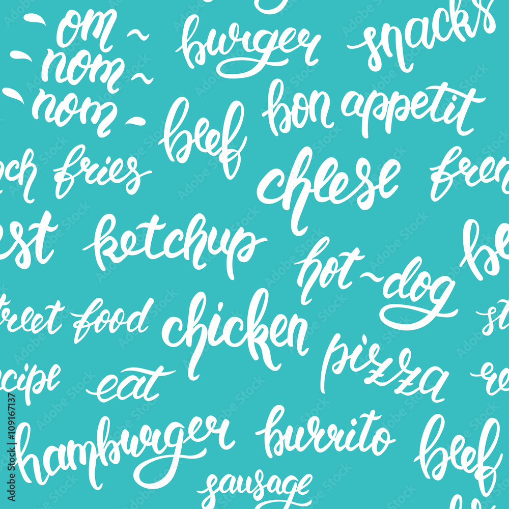 Seamless pattern with hand lettering set of words for fast food on a blue background. Vector Seamless pattern with hand lettering set of words for fast food on a blue background. Vector