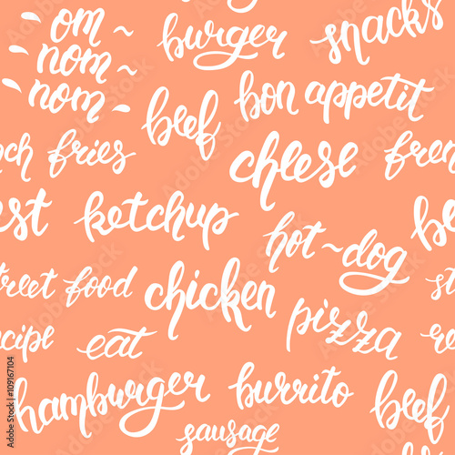 Seamless pattern with hand lettering set of words for fast food. Vector