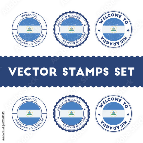 Nicaraguan flag rubber stamps set. National flags grunge stamps. Country round badges collection.