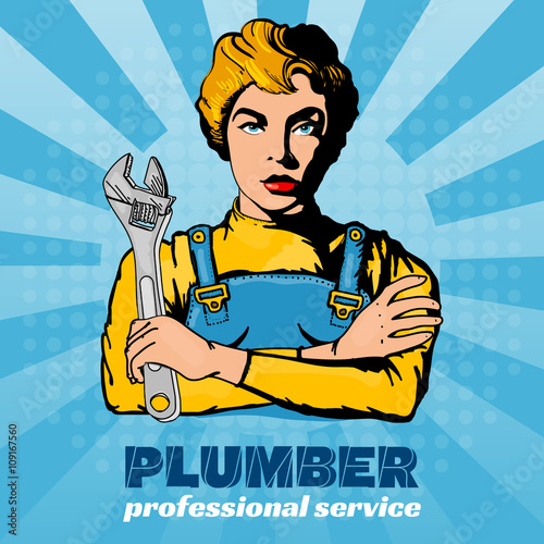 Plumber woman pop art vector illustration