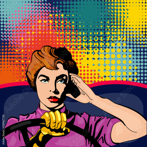 Woman driving a car pop art vector