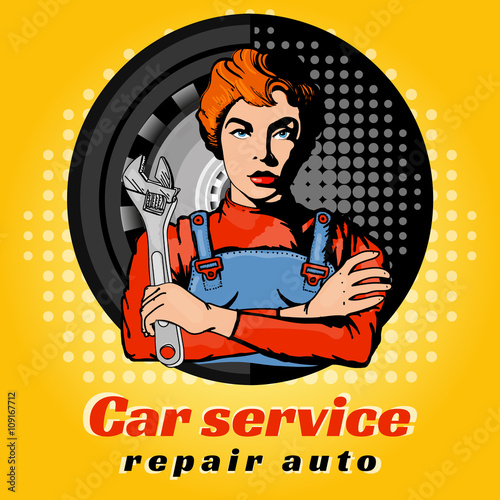 Car servise beautiful woman pop art vector illustration