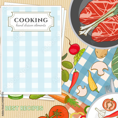Cooking book view from above fresh vegetables