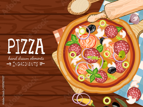 Pizza on a wooden table, making pizza, fresh ingredients