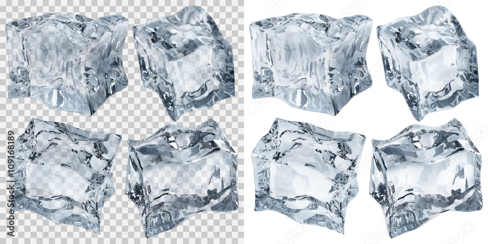 Set of four transparent and four opaque ice cubes in gray colors