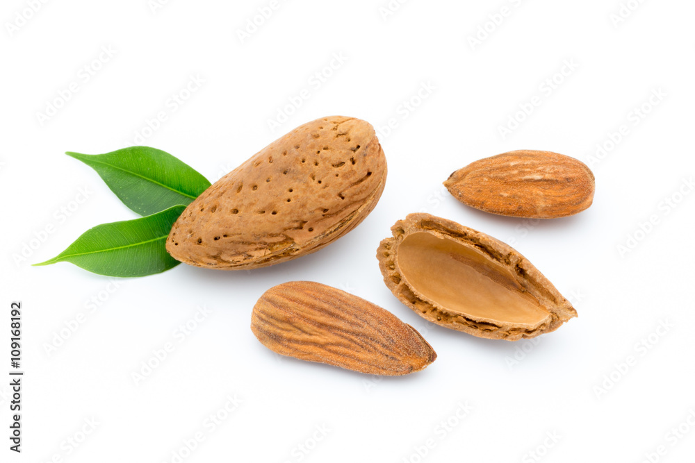 Almonds with leaves isolated on white background Almonds with leaves isolated on white background