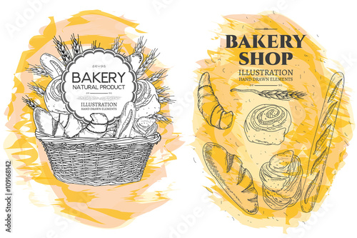 Bakery basket. Bakery shop. Food template hand drawn sketch