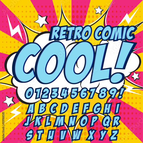 Creative high detail comic font. Blue color hero style of comics, pop art. Letters and figures for decoration