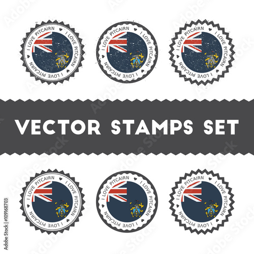 I Love Pitcairn vector stamps set. Retro patriotic country flag badges. National flags vintage round signs. photo