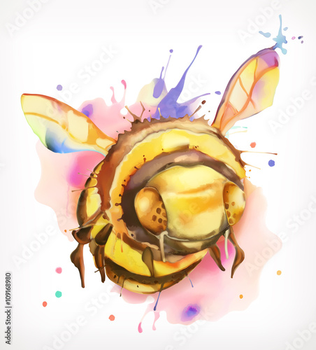 Watercolor painting, honey bee, vector illustration, isolated on a white background