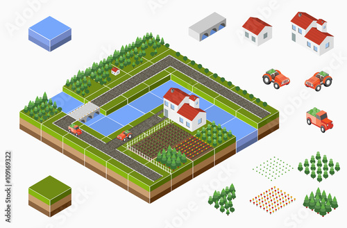 Isometric landscape of countryside with farm, tractor, harvest, the beds and the river.