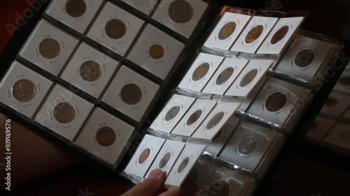 Numismatist considers coins in the album.