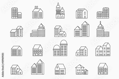  set of linear urban buildings and illustrations of houses and architectural signs. For website design, business cards, invitations and flyers on the urban theme with a linear fashion graphics.