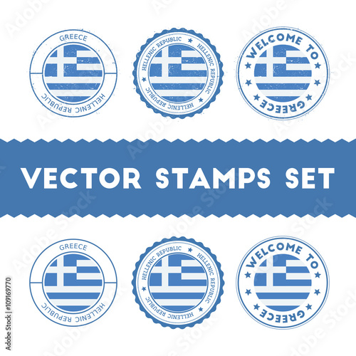 Greek flag rubber stamps set. National flags grunge stamps. Country round badges collection.