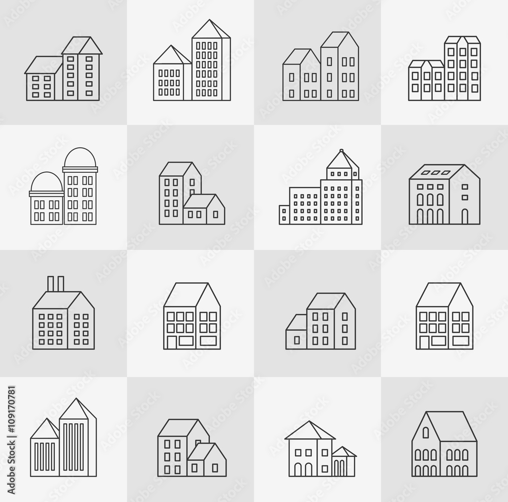  set of linear urban buildings and illustrations of houses and architectural signs. For website design, business cards, invitations and flyers on the urban theme with a linear fashion graphics.