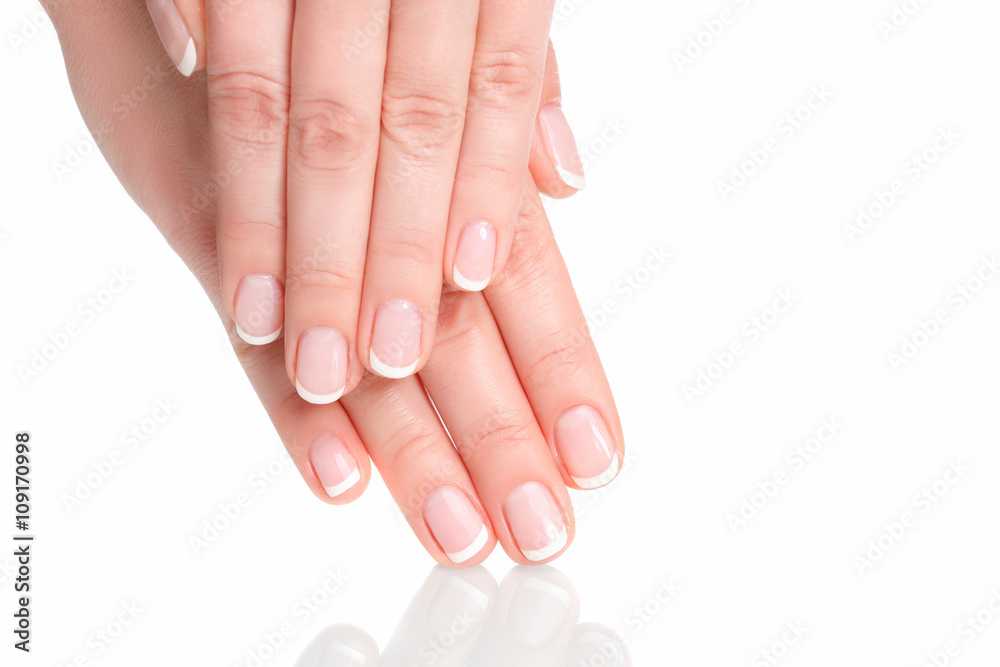 Beautiful hands with french manicure - obrazy, fototapety, plakaty 
