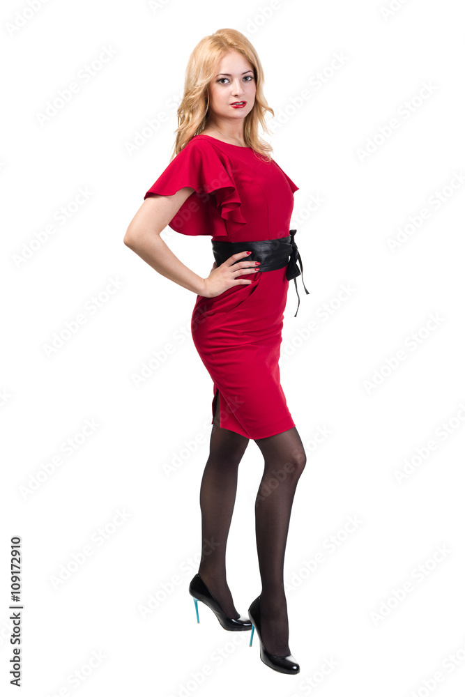 Beautiful Busyness Woman Blonde in red dress isolated on white Beautiful Busyness Woman Blonde in red dress isolated on white
