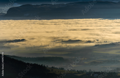 Beautiful sunset in mountains with fog in valleys.Carinthia,Austria.