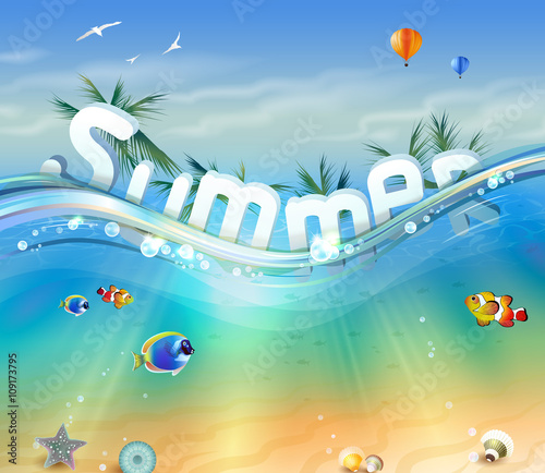 Design of Summer, letters underwater with palm trees, wildlife