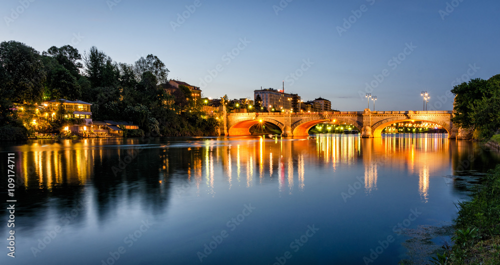 Turin (Torino) river Po and Bridge Umberto I at blue hour
