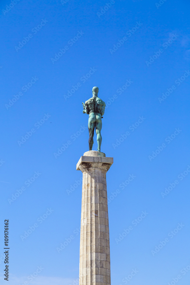 Monument sculpture of the Belgrade Winner made of bronze, located in Kalemegdan, Belgrade, Serbia