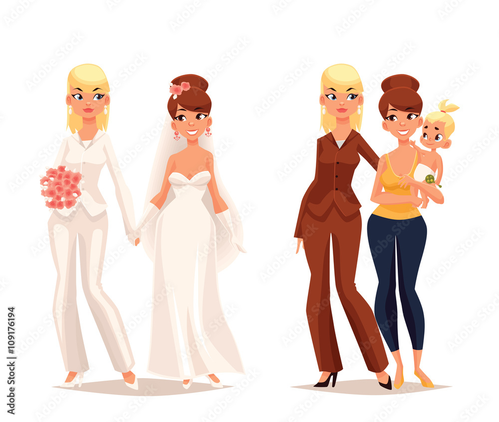 concept of lesbian love, cartoon art lovers to wedding of two girls, the  concept of a