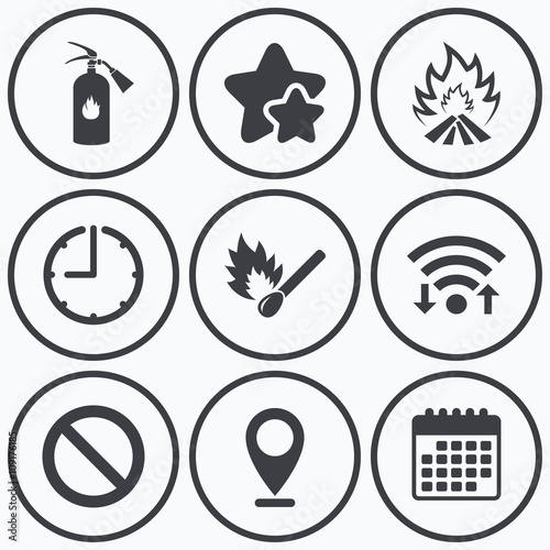 Fire flame icons. Prohibition stop symbol.