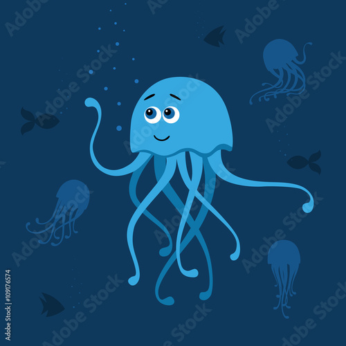 Vector illustration of jellyfishes and fishes are in ocean