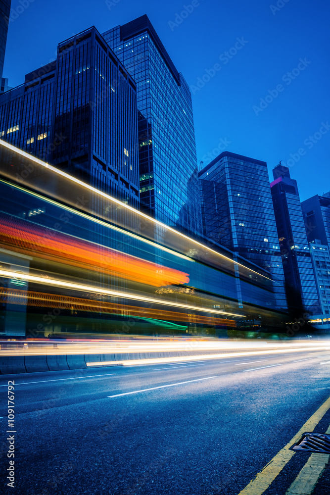light trails in the downtown district,hongkong china.