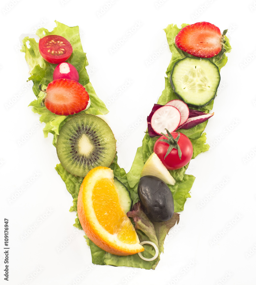 Naklejka premium Letter V made of salad and fruits